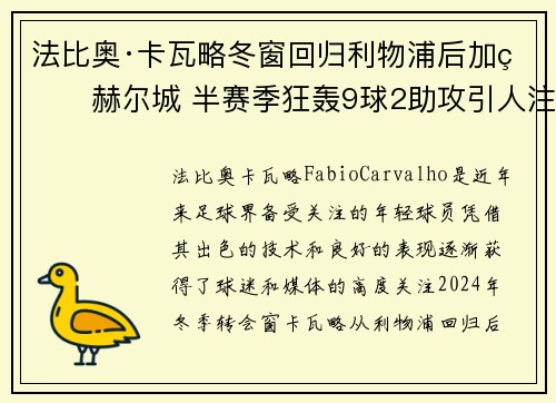 法比奥·卡瓦略冬窗回归利物浦后加盟赫尔城 半赛季狂轰9球2助攻引人注目 法比奥·卡瓦略冬窗回归利物浦后加盟赫尔城 半赛季狂轰9球2助攻引人注目