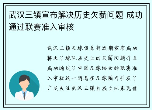 武汉三镇宣布解决历史欠薪问题 成功通过联赛准入审核 武汉三镇宣布解决历史欠薪问题 成功通过联赛准入审核